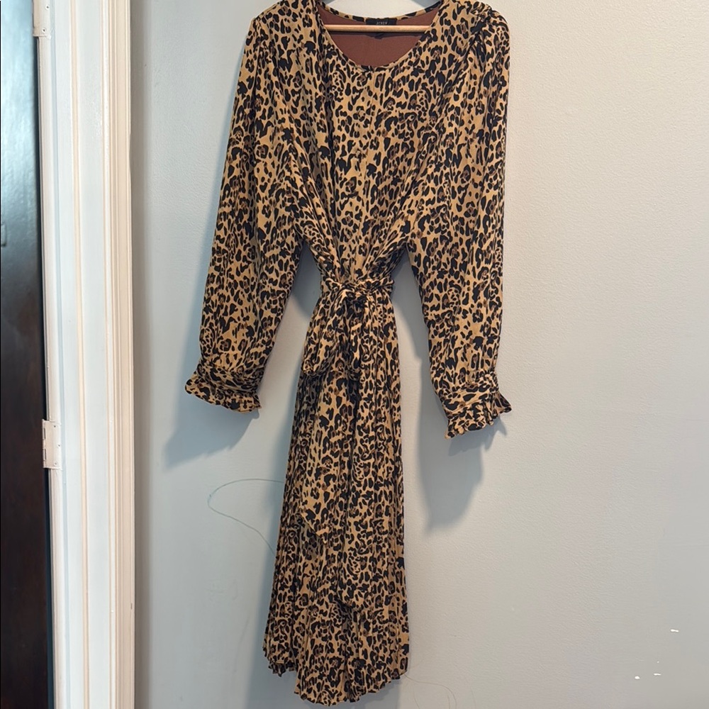 J CREW Plus 24 Cheetah Leopard Print Long Sleeve Pleated Midi Dress Belted
